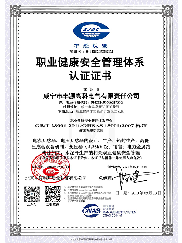 職業(yè)健康安全管理體系認(rèn)證證書(shū)